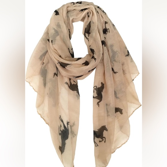 Beige Loop Scarf with Black Running Horse Design - Picture 2 of 5